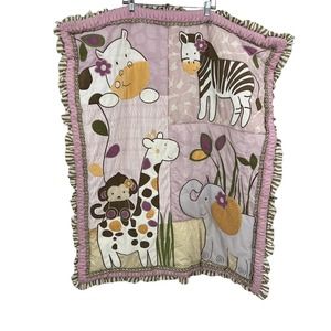 CoCaLo Girl Pink Safari Jungle Baby Crib Quilt Blanket Ruffle Monkey Giraffe